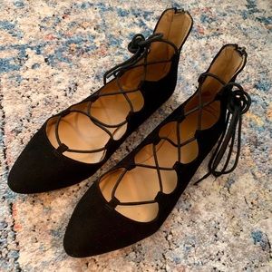 Black suede lace-up flats